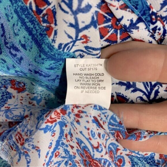 Fig And Flower Blue Red White Multi Print Boho tTie Front Semi Sheer Blouse M - Picture 5 of 15